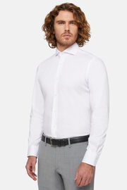 Slim Fit White Stretch Cotton/Nylon Shirt, White, hi-res