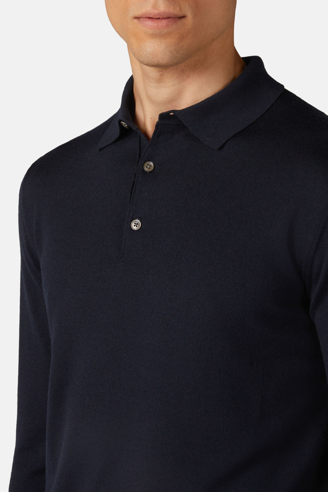 Navy Merino Wool Knitted Polo Shirt, Navy blue, hi-res