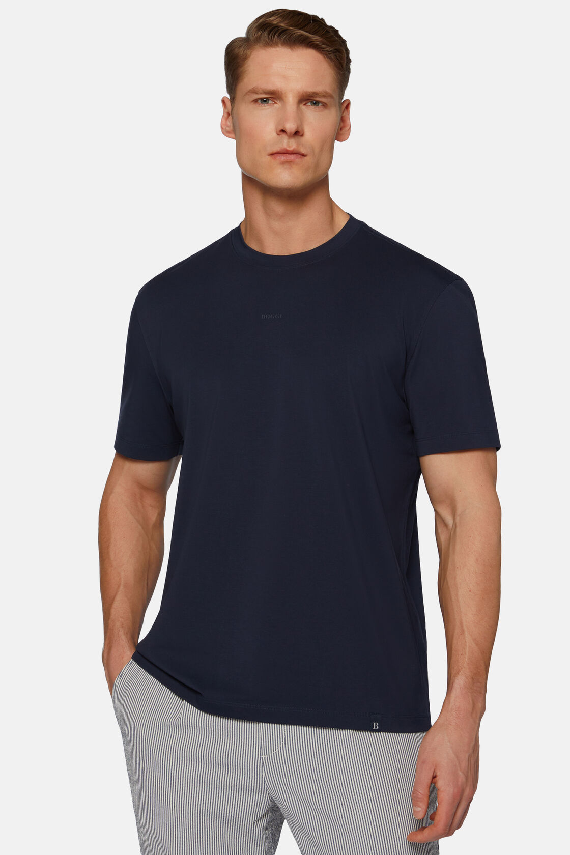 Bawełniana koszulka z elastycznej bawełny supima, Navy blue, hi-res