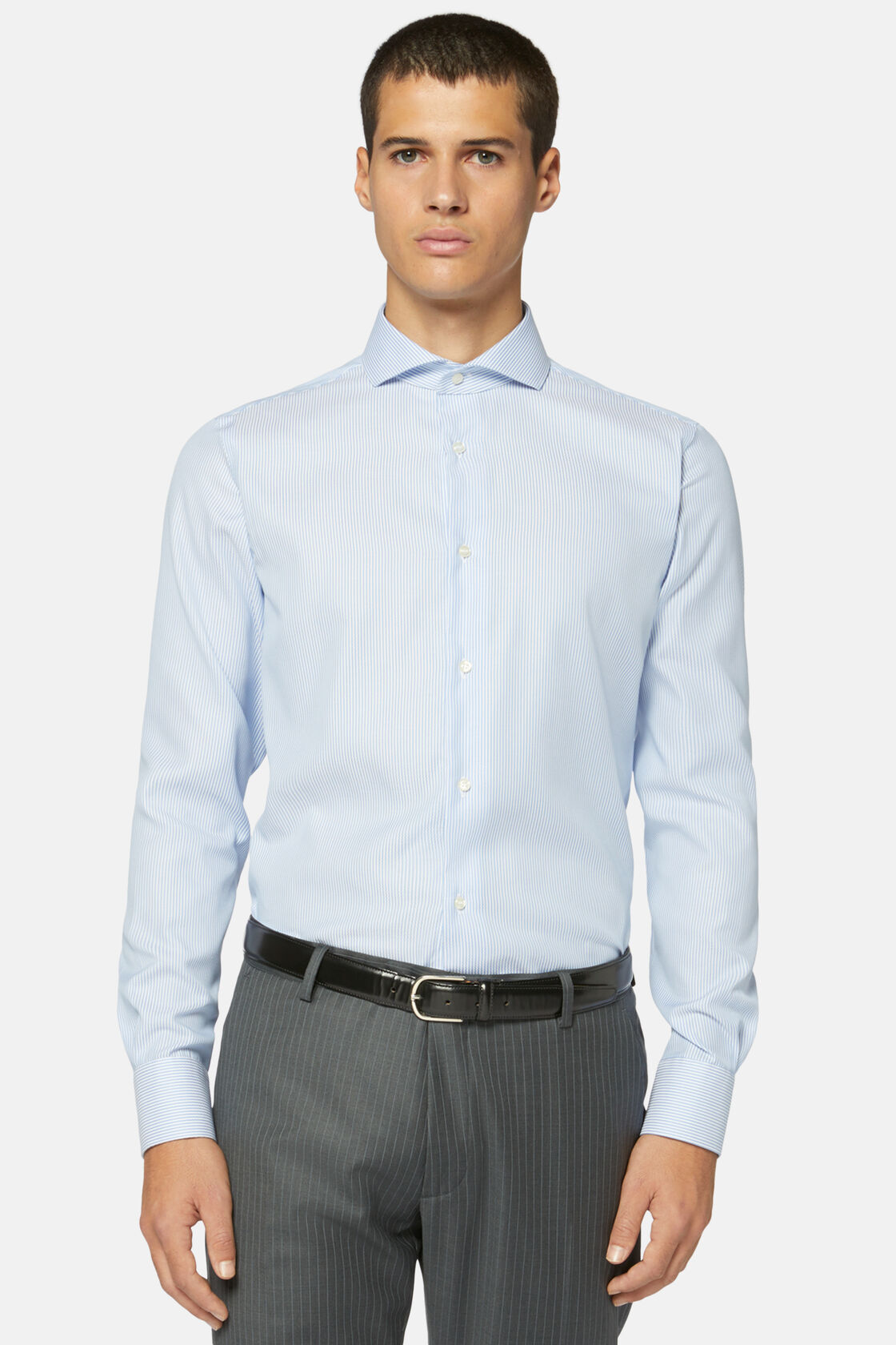 Regular Fit Sky Blue Striped Dobby Cotton Shirt, Light Blu, hi-res