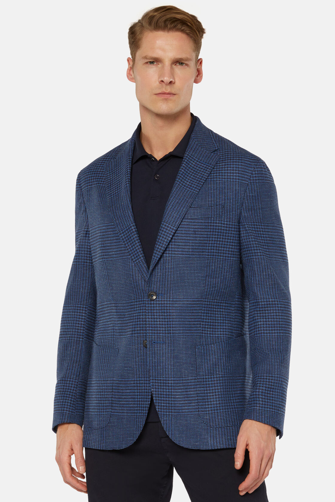 Navy Blue Prince of Wales Check Wool Linen Jacket, Blue, hi-res