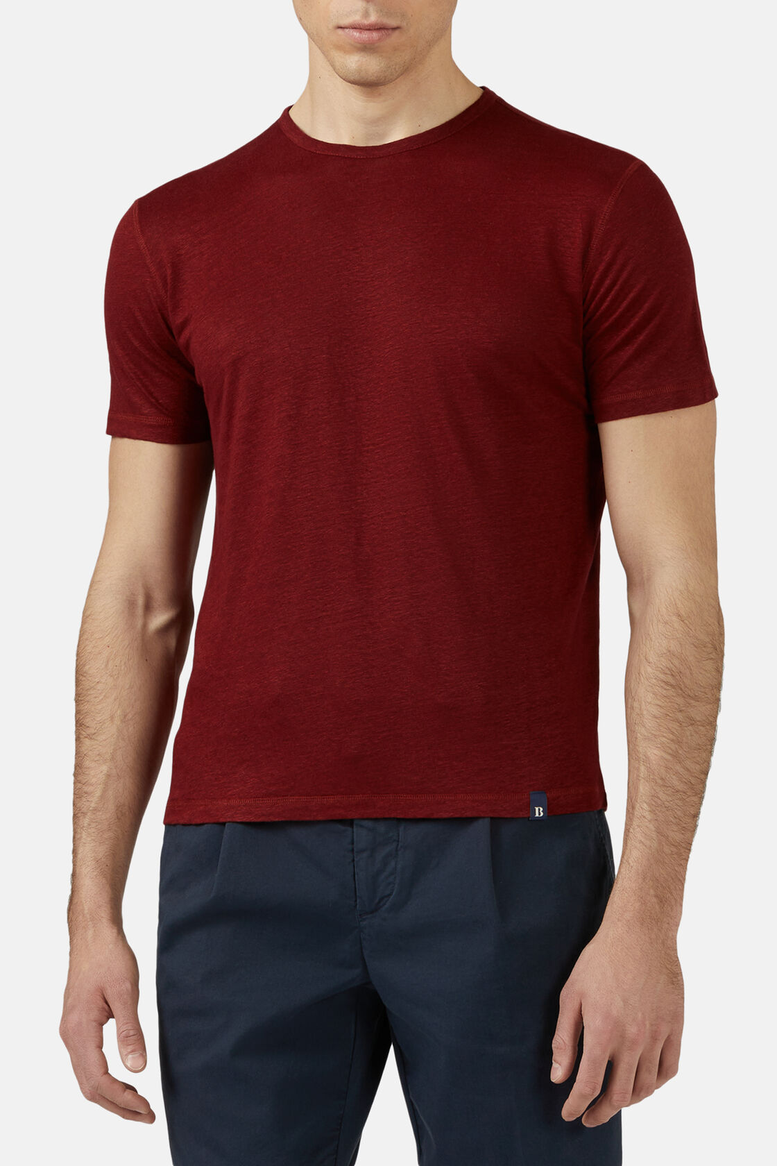 T-Shirt in Stretch Linen Jersey, Burgundy, hi-res