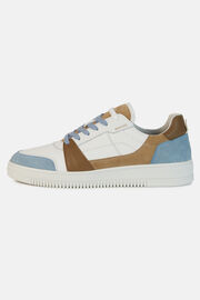 Beige and Sky Blue Leather Trainers, Medium Blue, hi-res