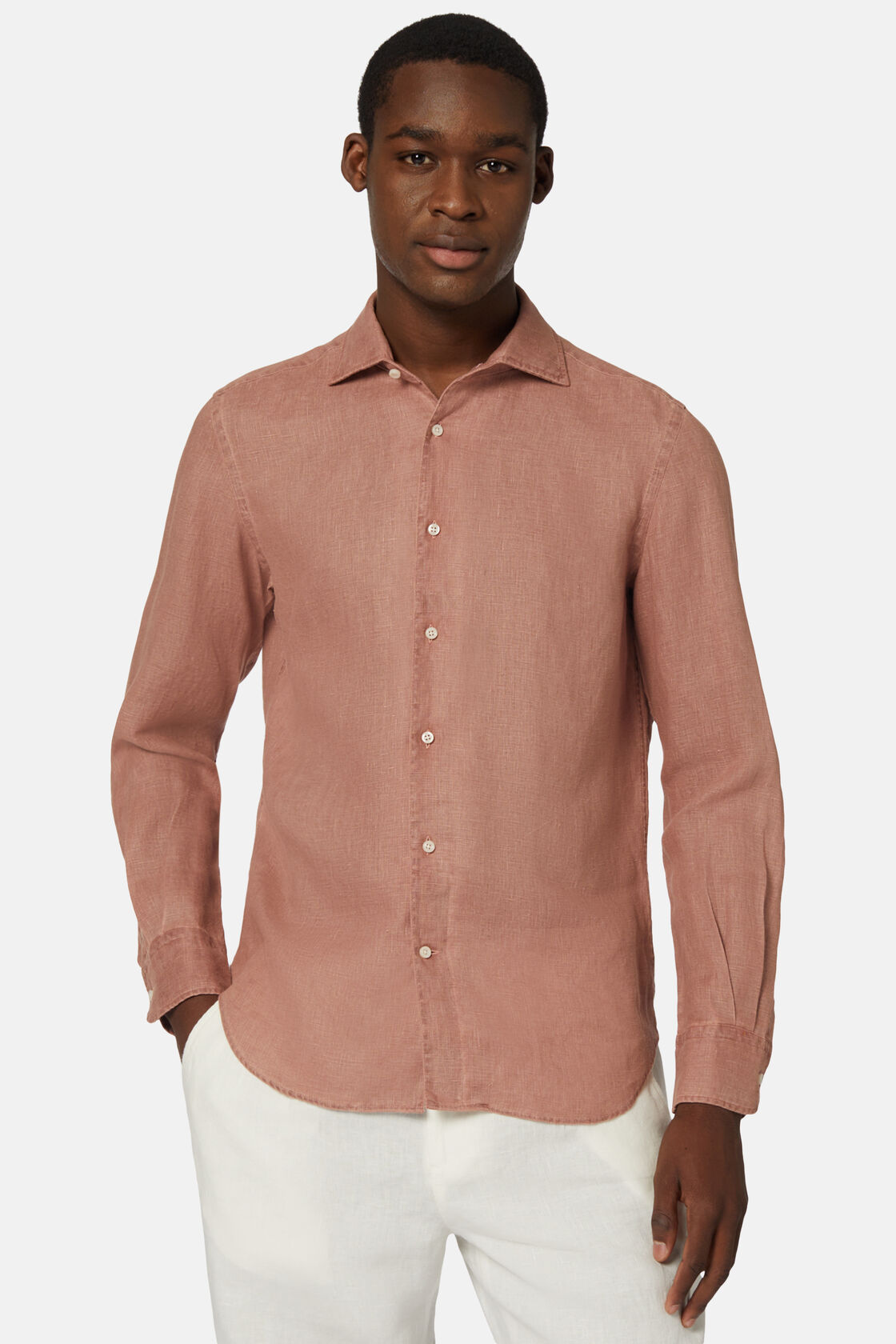 Koszula lniana w kolorze ceglastym, klasyczny fason, Rot, hi-res