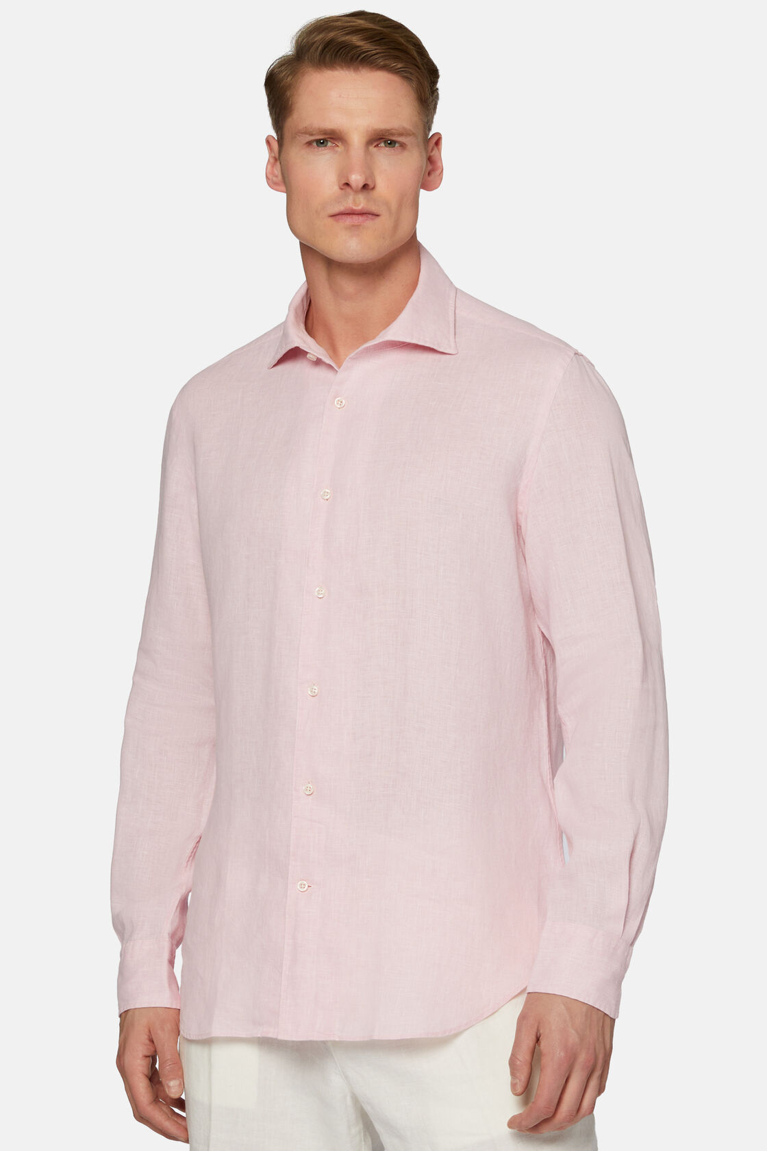 Różowa koszula lniana, klasyczny fason, Pink, hi-res
