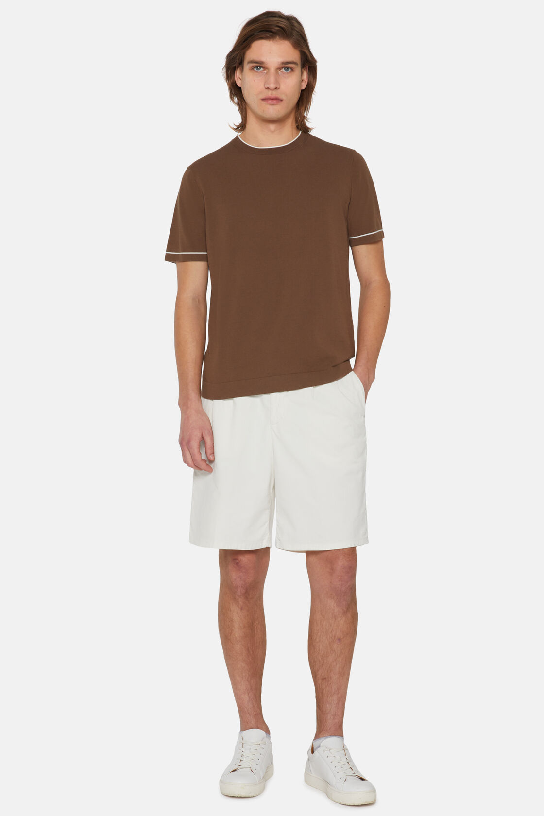Brown Cotton Crepe Knit T-shirt, Brown, hi-res