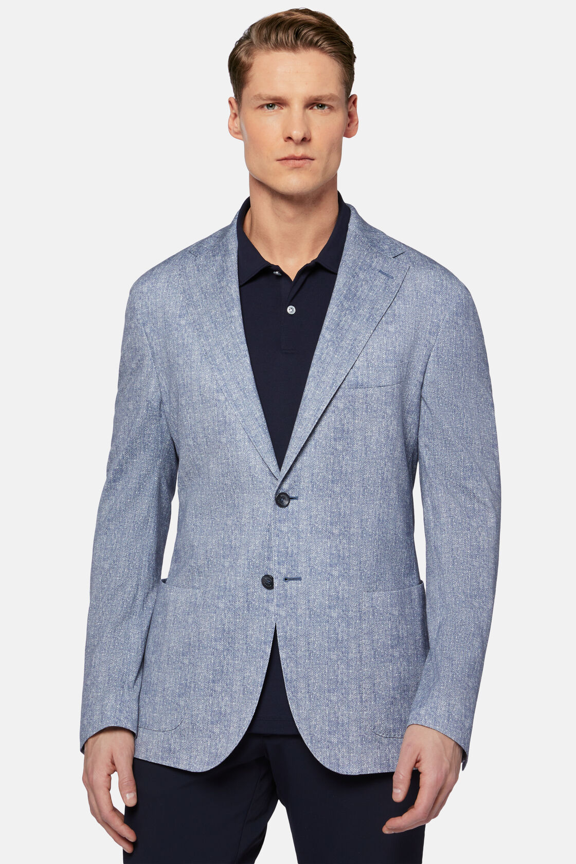 Blauw bedrukt jasje in katoen jersey en linnen, Blue, hi-res