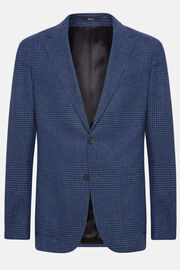 Navy Blue Prince of Wales Check Wool Linen Jacket, Blue, hi-res