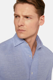 Sky Blue Houndstooth Linen Shirt, Regular, Light Blue, hi-res