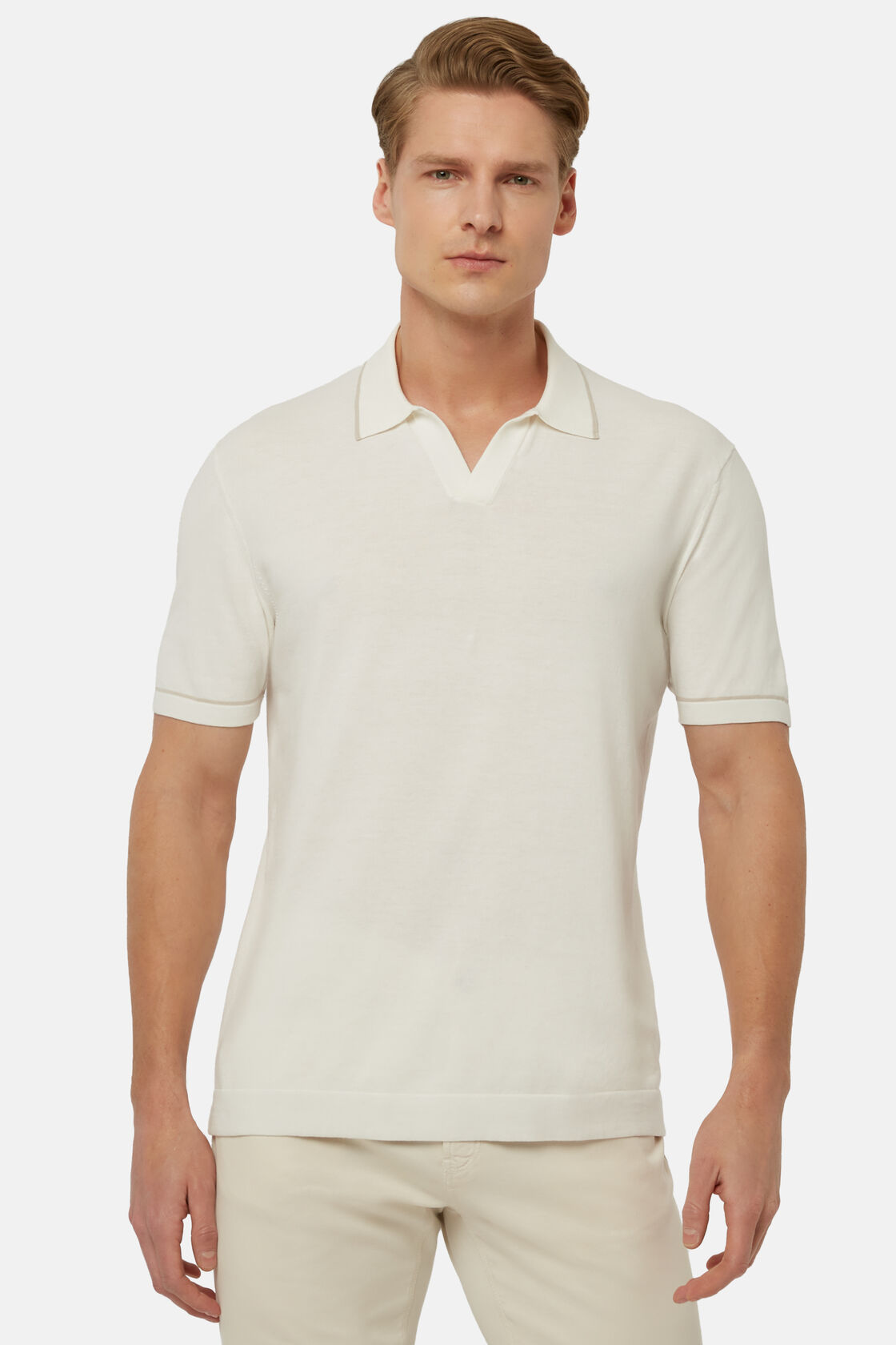 White Cotton Crepe Knit Polo Shirt, White, hi-res
