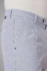 Striped Cotton Seersucker Pleated Bermuda Shorts, Bianco - Navy, hi-res