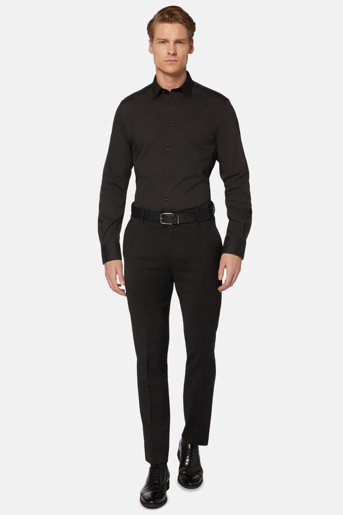 Slim Fit Black Shirt in Stretch Cotton, Black, hi-res