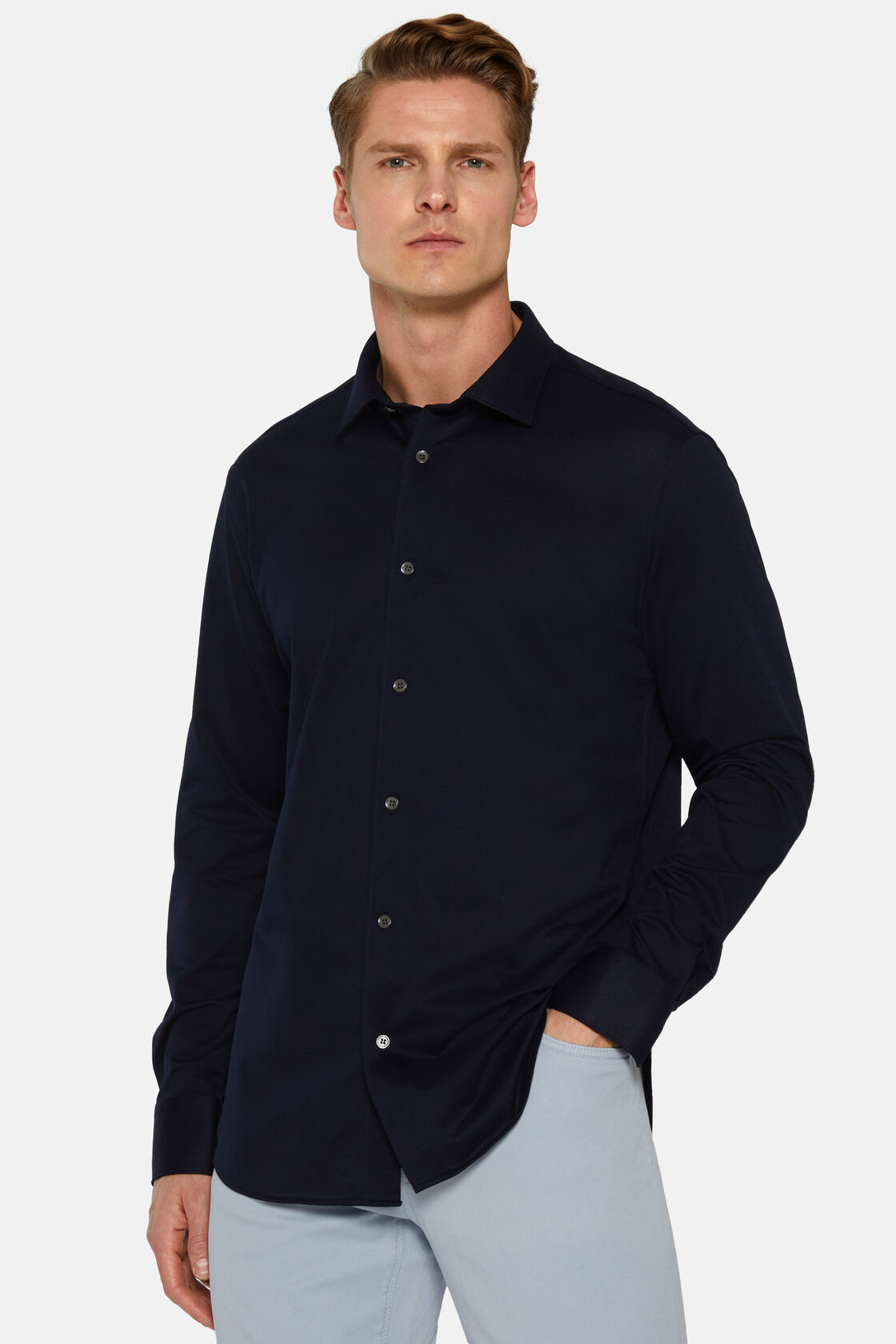 Marineblaues Hemd Aus Baumwolle und COOLMAX® Slim Fit, Navy blau, hi-res