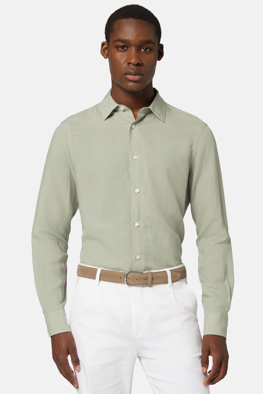 Camisa de tencel/linho verde de ajuste regular, Green, hi-res