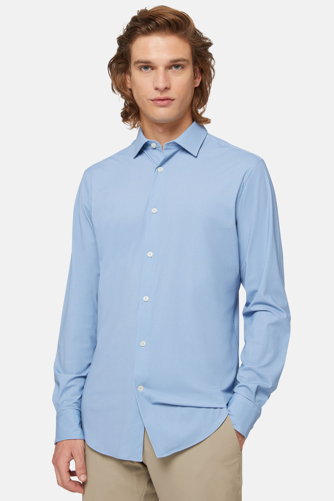 Camisa de nylon elástico azul de ajuste slim, Medium Blue, hi-res