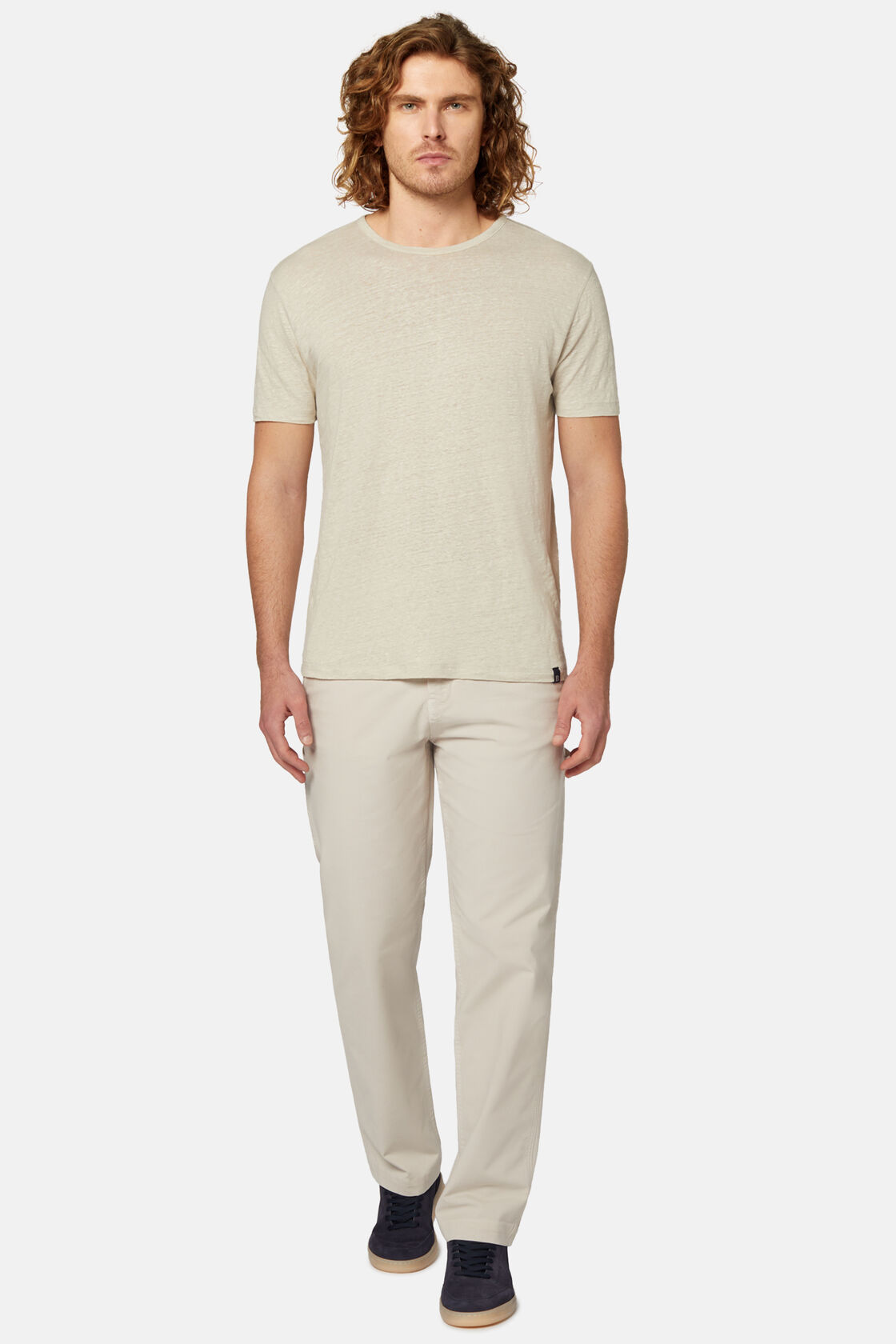 T-Shirt in Stretch Linen Jersey, Sand, hi-res