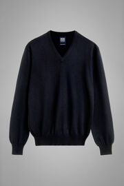 Navy Merino Wool V-neck Pullover, Navy blue, hi-res