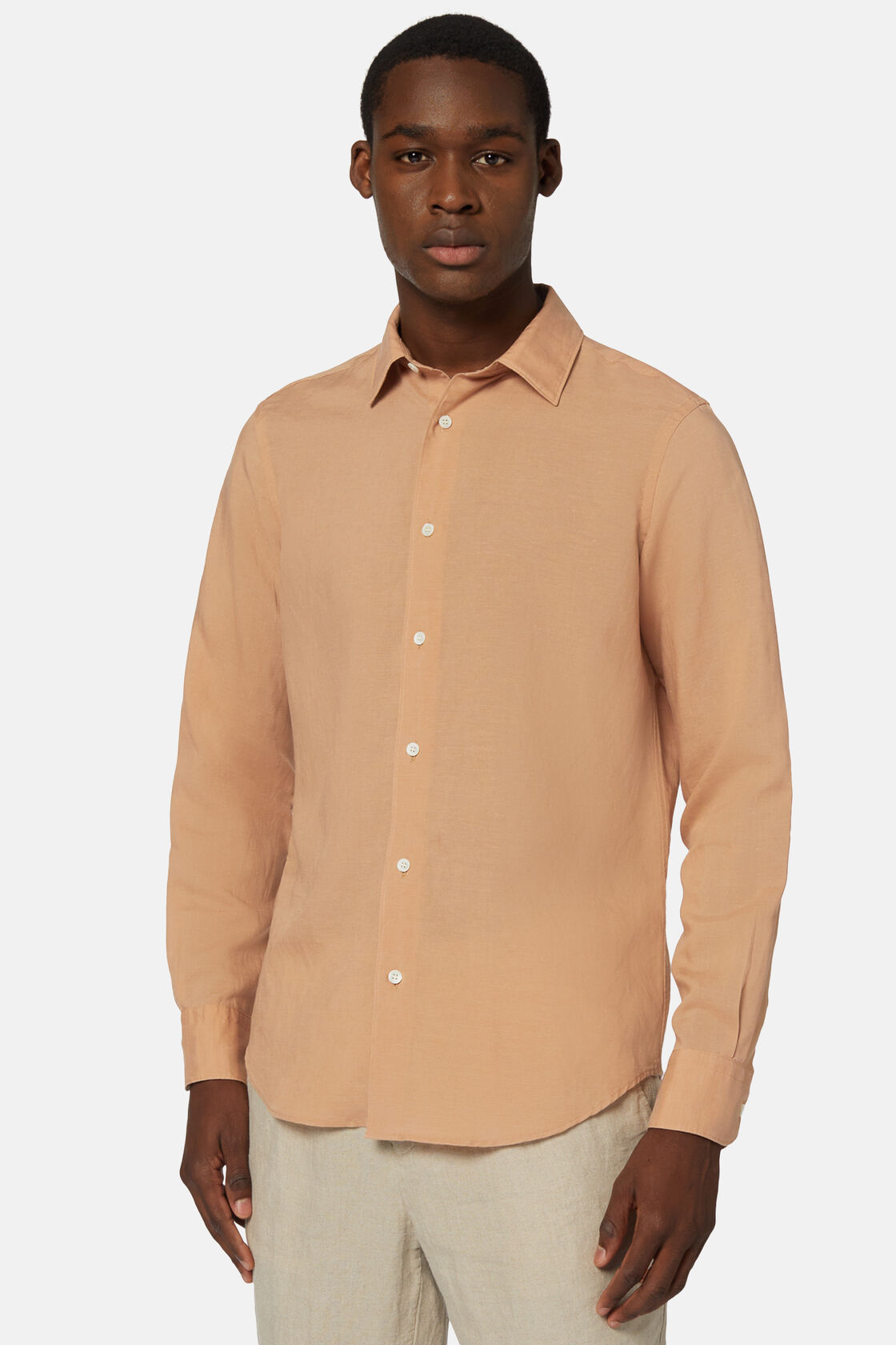 Camisa Naranja De Tencel Lino Corte Regular, Naranja, hi-res