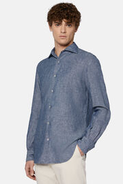 Camisa de ganga de algodão e linho de ajuste regular, Medium Blue, hi-res
