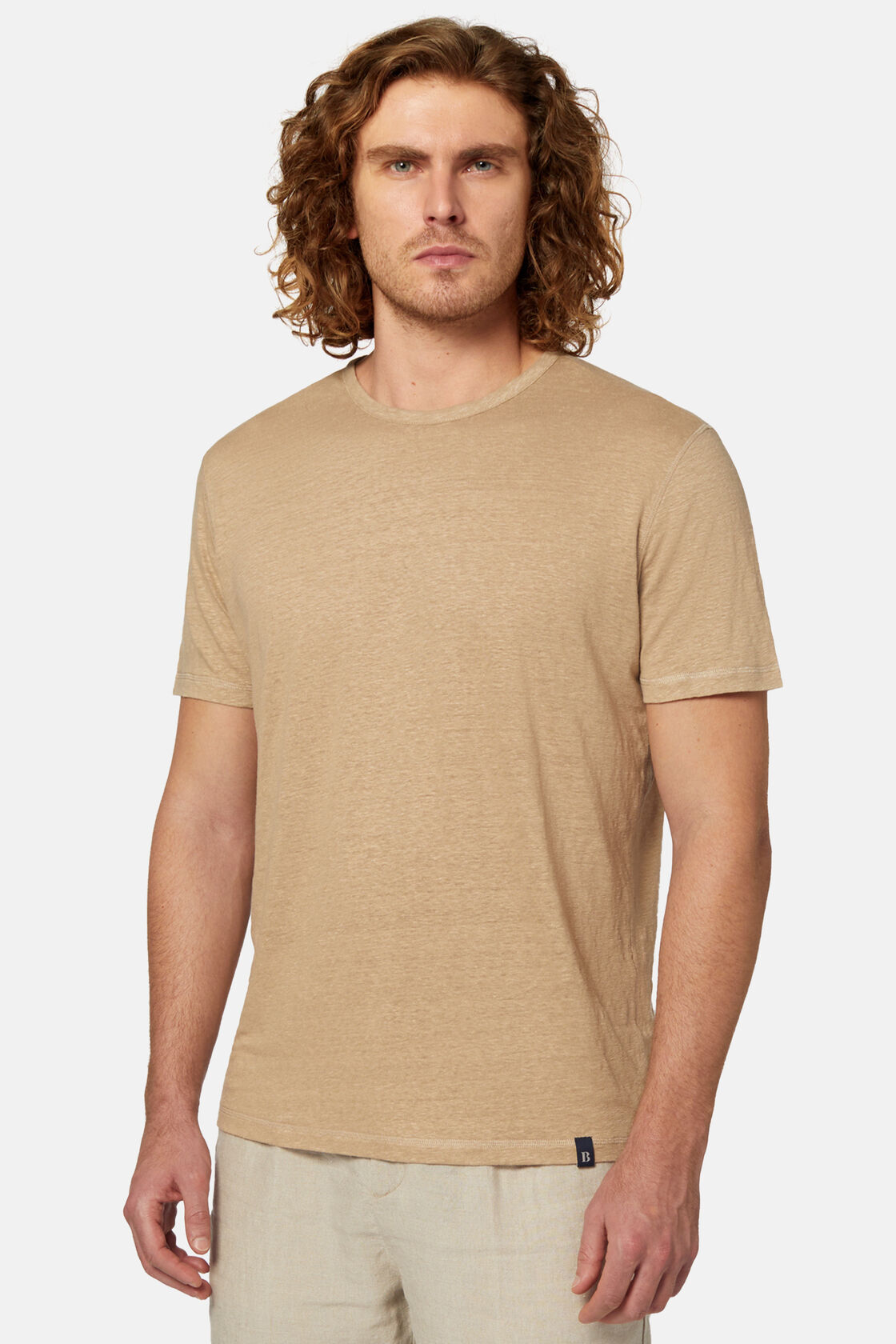 Κοντομάνικο μπλουζάκι από ελαστικό λινό ζέρσεϊ, Beige, hi-res