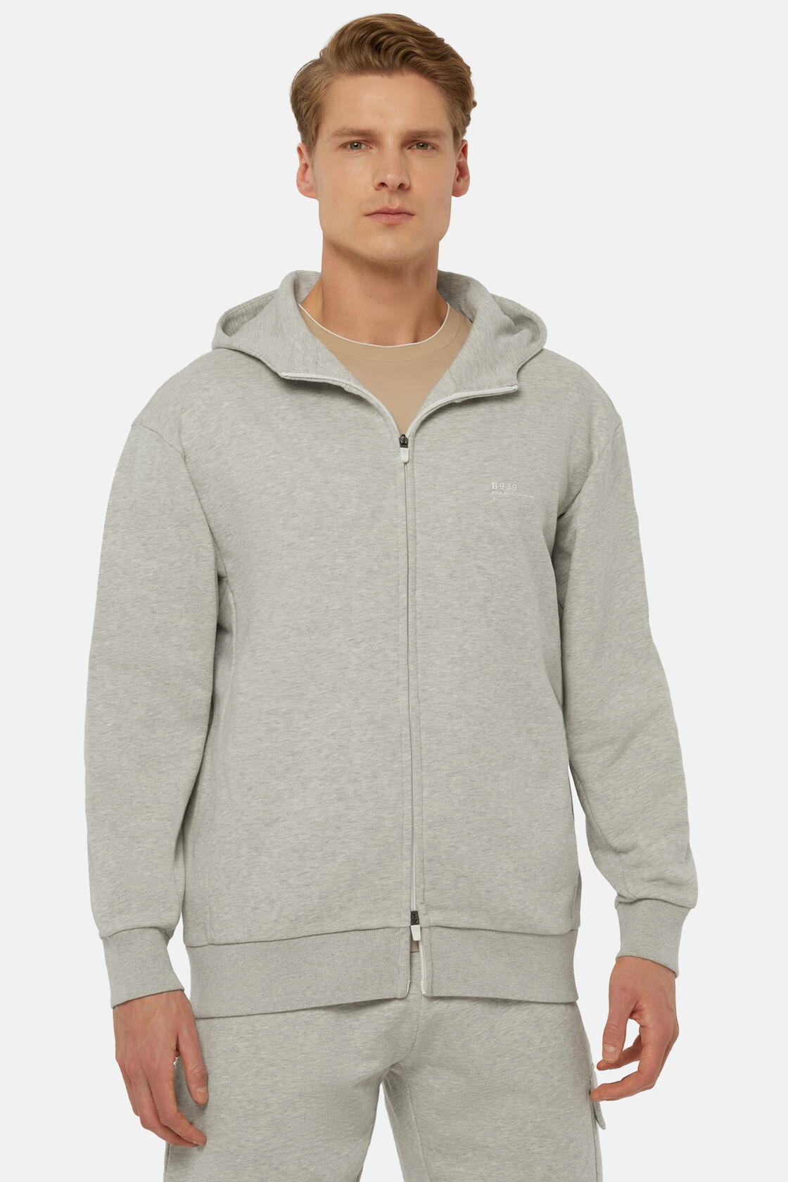Full-Zip Sweatshirt in Recycled Mixed Cotton, Grey, hi-res