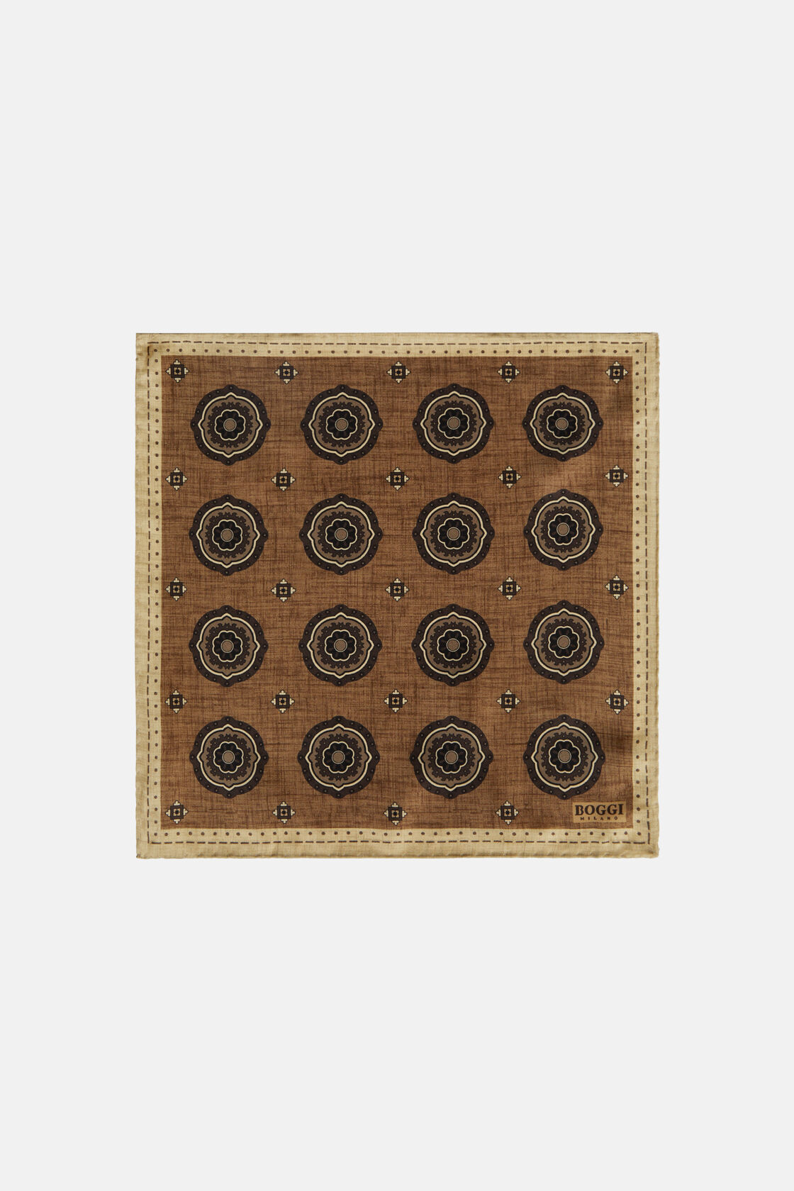 Silk Pocket square with Medalions Motif, Beige, hi-res
