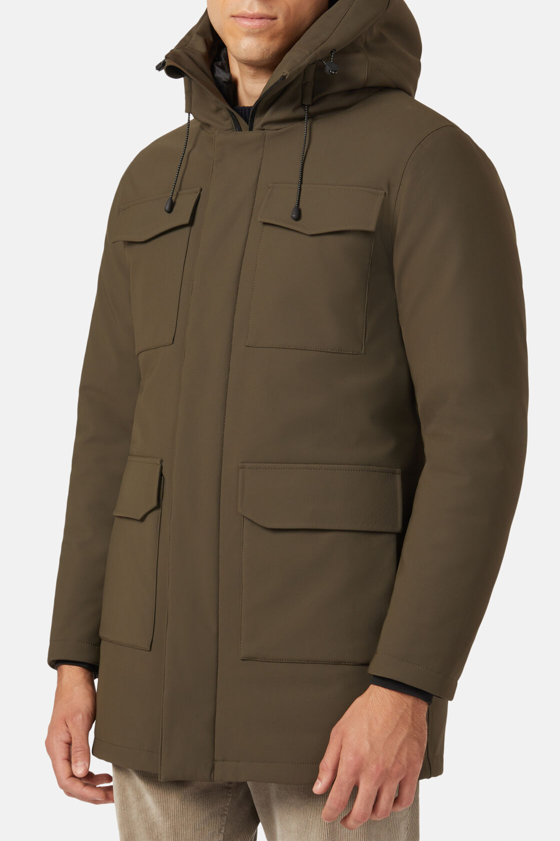 Technical Fabric Padded L-Block Jacket with Goose Down, Green, hi-res