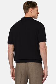 Μαύρο πλεκτό μπλουζάκι τύπου πόλο από βαμβακερό κρεπ, Black, hi-res