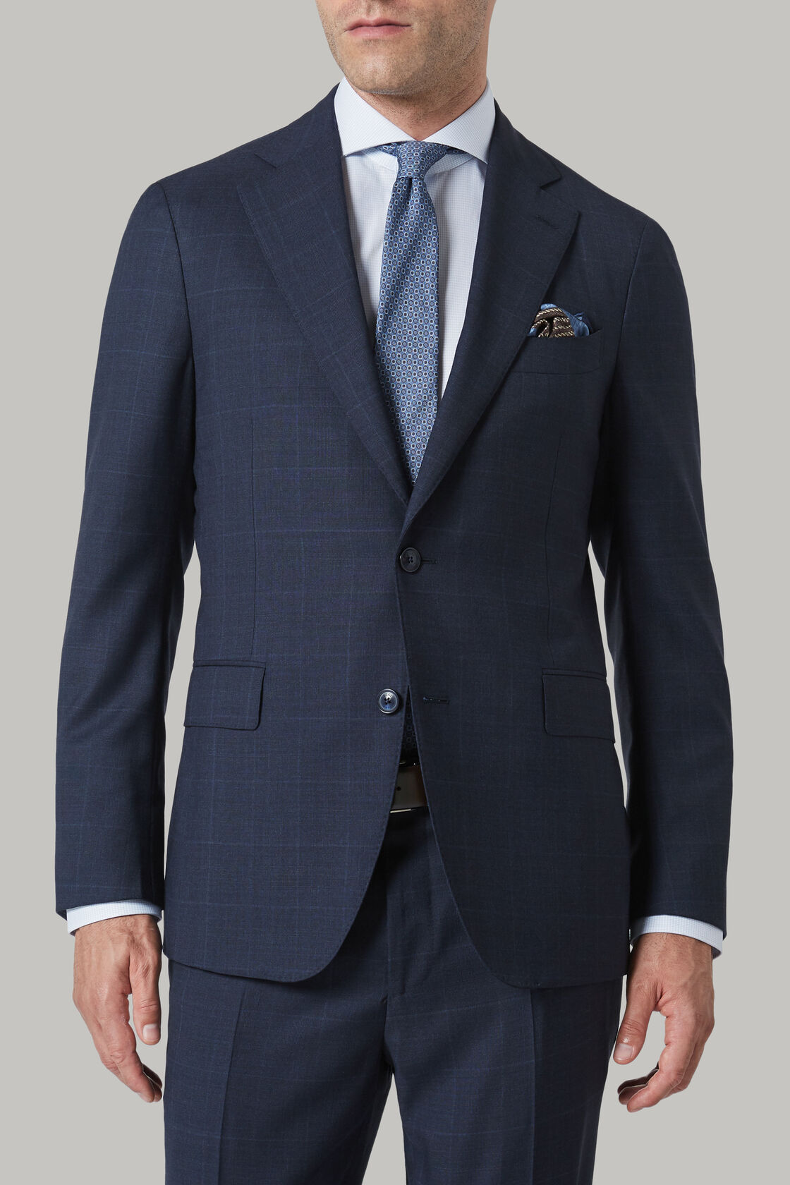 Men's Blue prince of wales check suit in super 130 wool | Boggi Milano