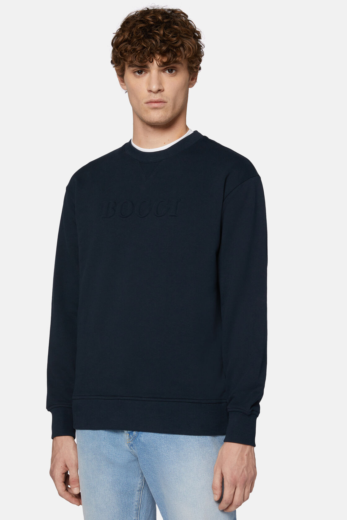 Sweatshirt de algodão com gola redonda, Navy blue, hi-res