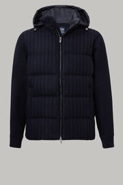 Down-filled wool bomber jacket with hood, Navy blue, hi-res