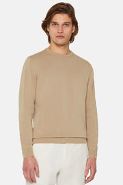 Beżowy sweter z bawełny Pima z okrągłym dekoltem, Beige, hi-res