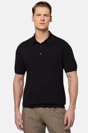 Czarna koszulka polo z bawełnianej, dzianinowej krepy, Black, hi-res