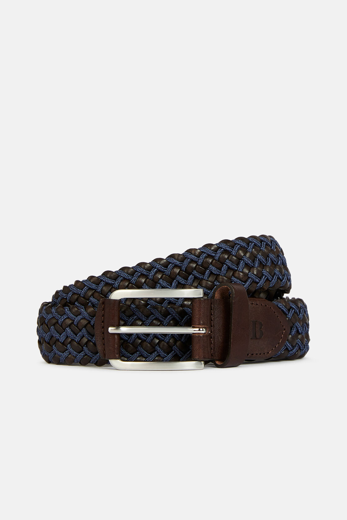 Stretch Leather/Fabric Woven Belt, Brown, hi-res