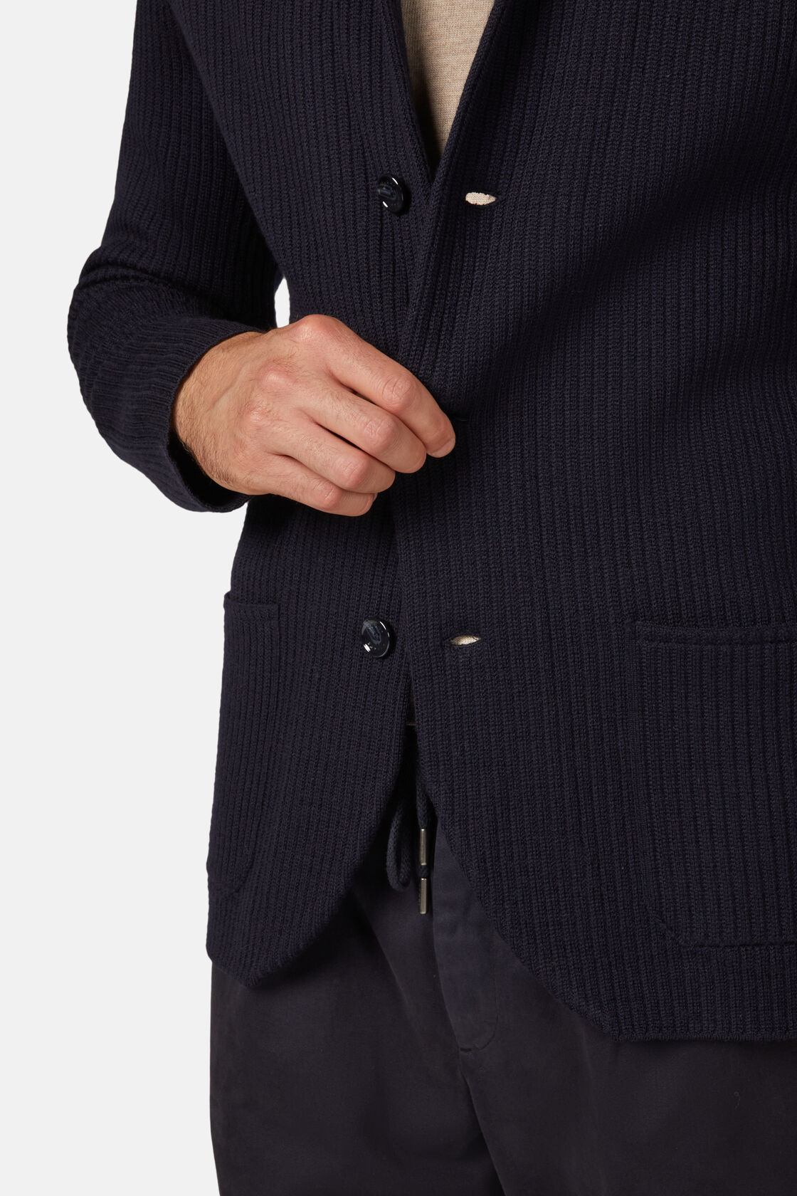 Navy Single-Breasted Merino Wool Knitted Jacket, Navy blue, hi-res