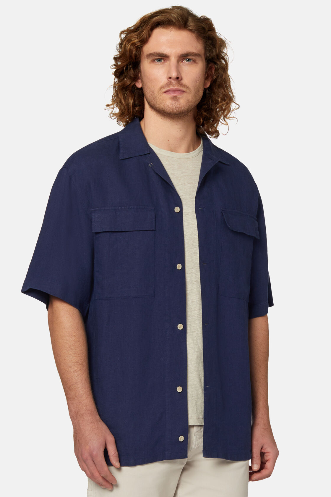 Tengerészkék színű vászon tábori külső ing, Blue, hi-res
