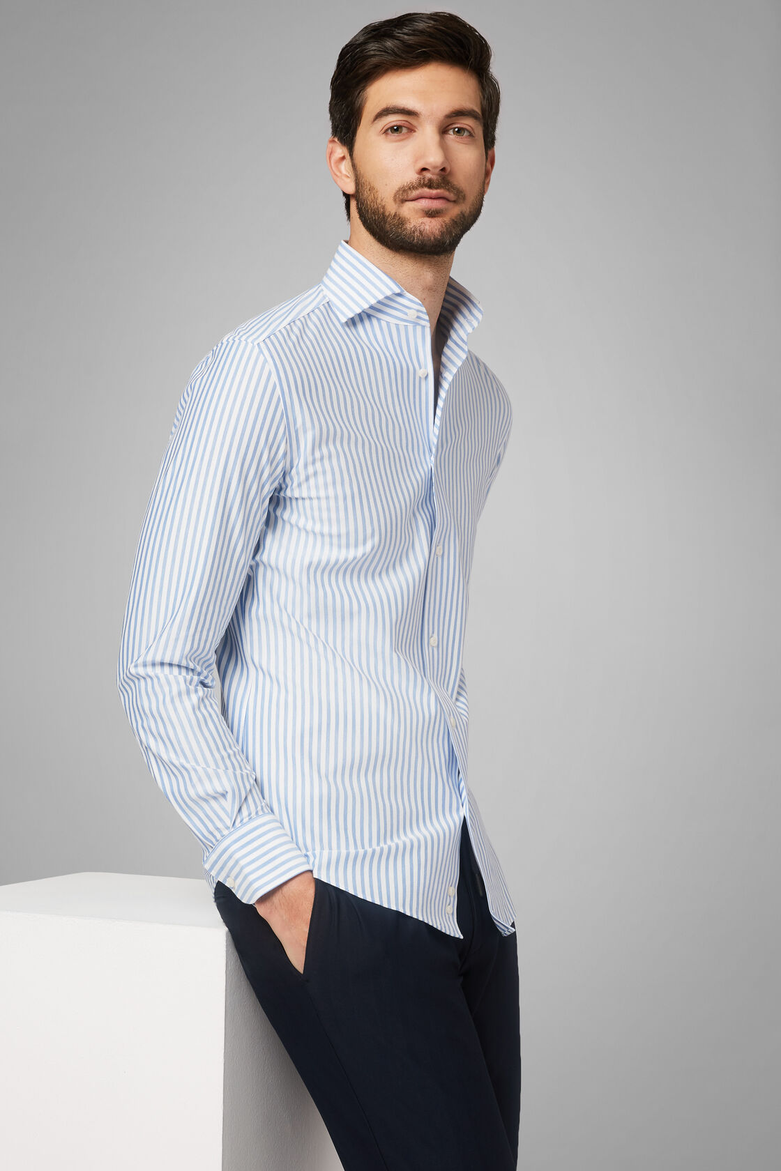 Men's Regular Fit Sky Blue Striped Shirt With Cuban Collar | Boggi Milano