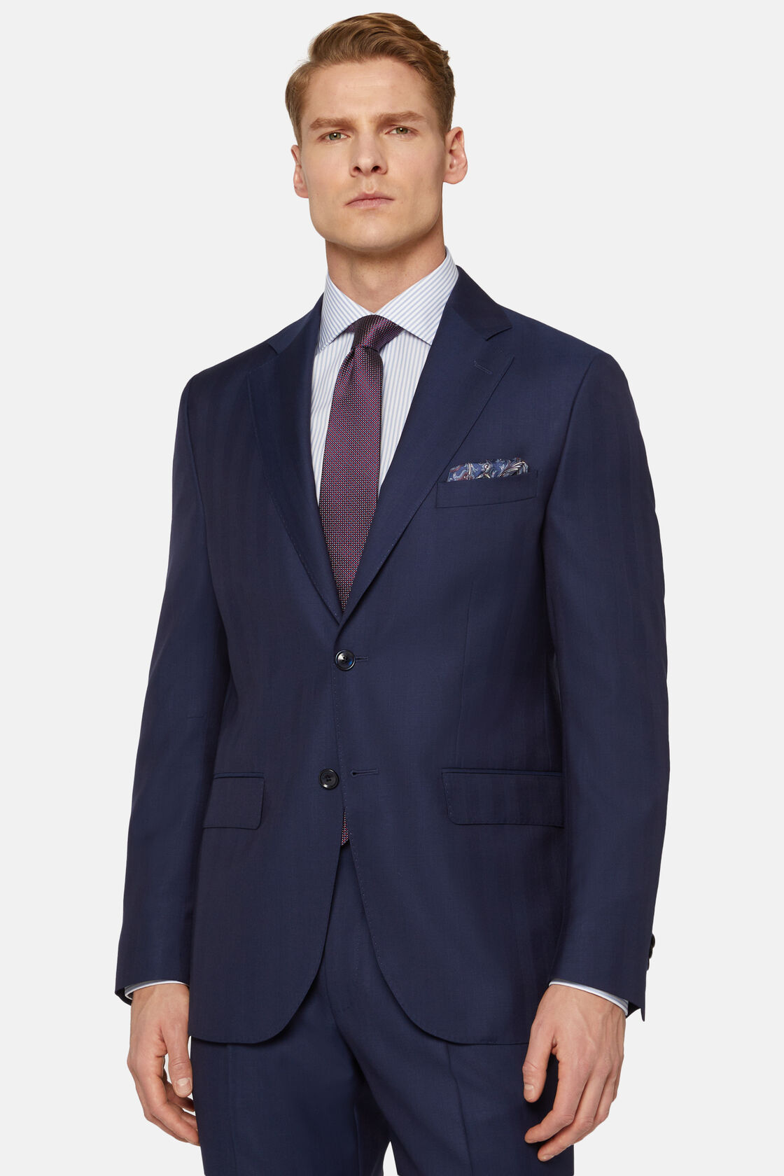 Navy Blue Herringbone Suit In Pure Wool, Navy blue, hi-res