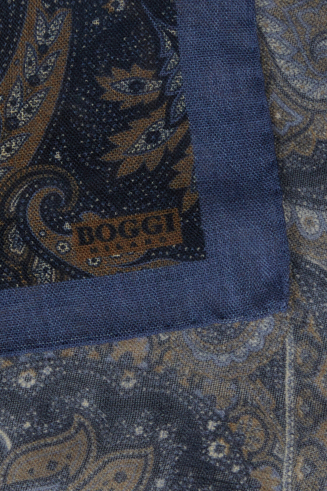 Wool Pocket Square with Paisley Motif, Blue - Brown, hi-res