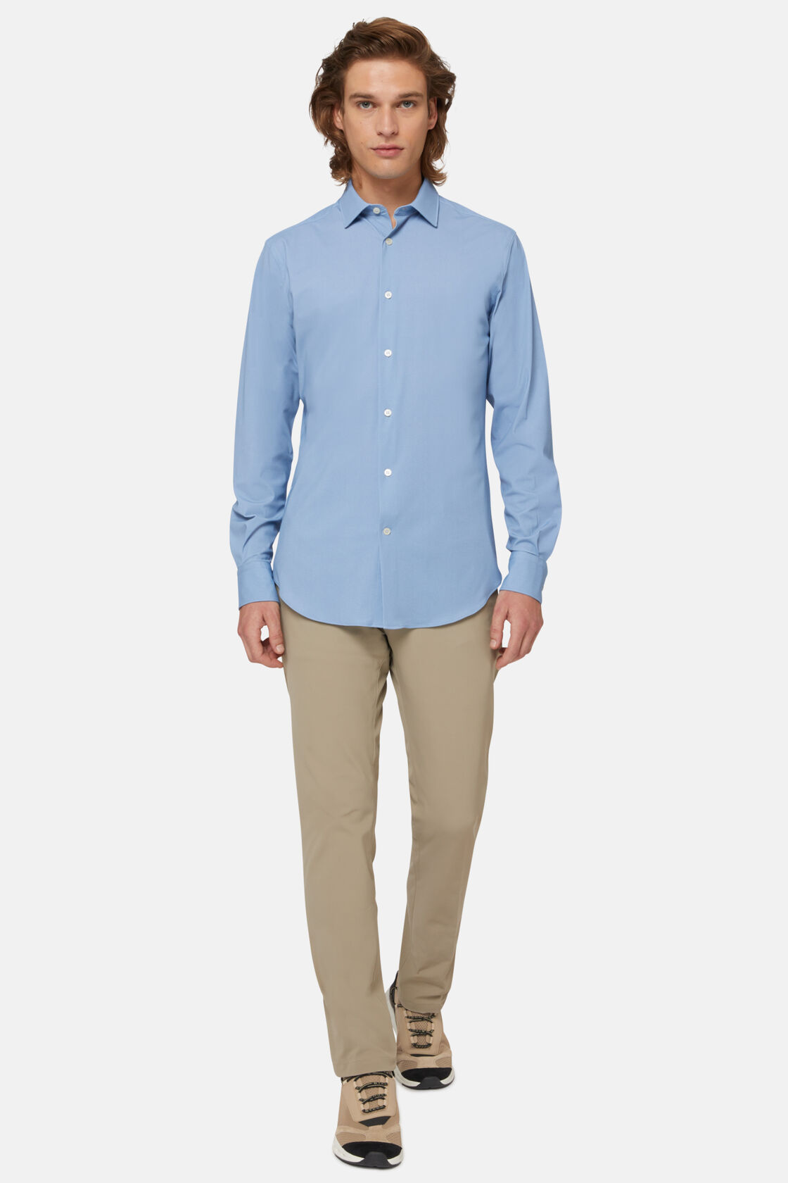 Camicia Blu In Nylon Elasticizzato Slim Fit, Blu, hi-res