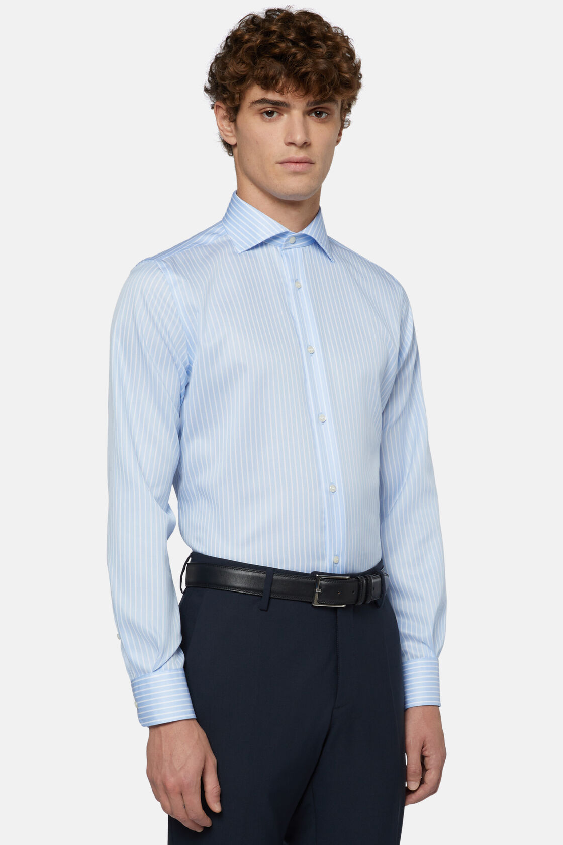 Camisa de sarja de algodão às riscas azul celeste de ajuste regular, Light Blue, hi-res