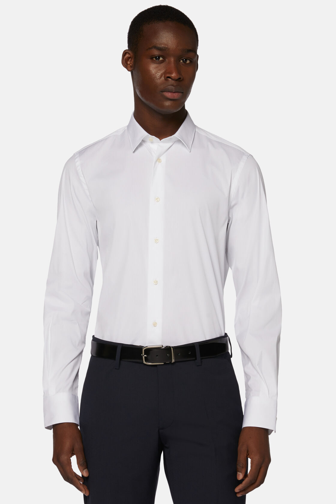 Camisa branca slim fit de algodão elástico, White, hi-res