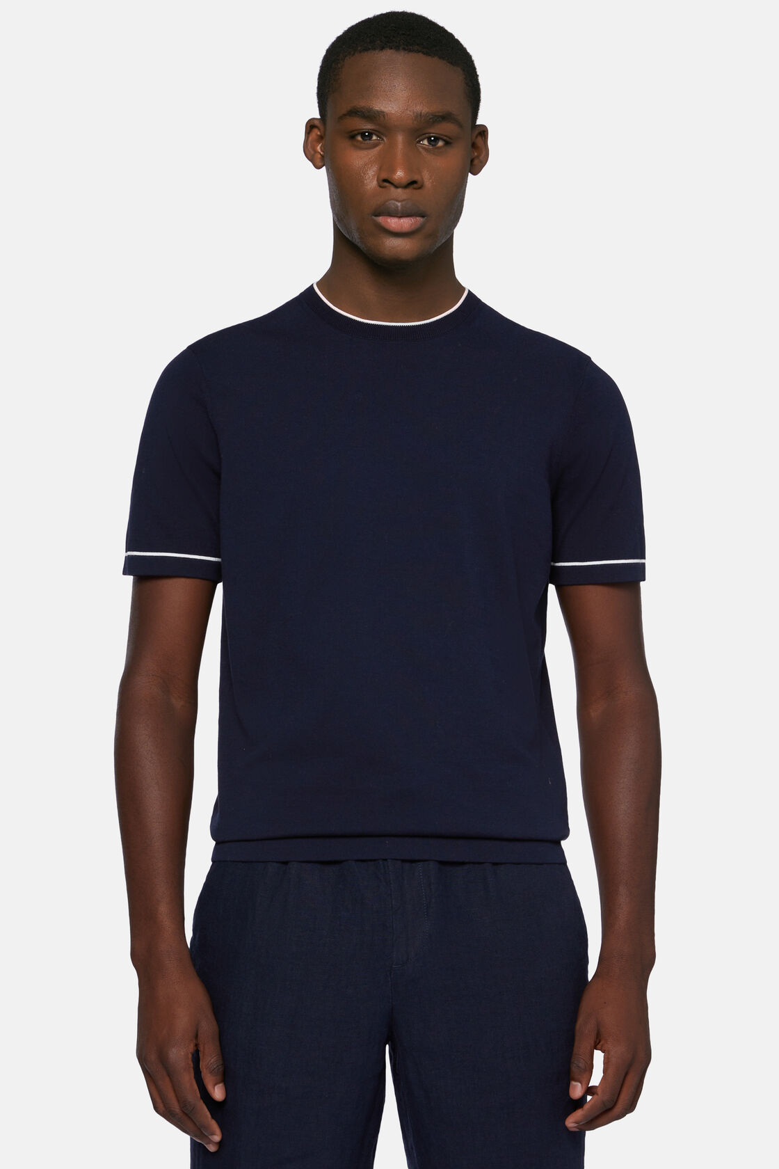 Marineblaues Strick-T-Shirt Aus Baumwollkrepp, Navy blau, hi-res