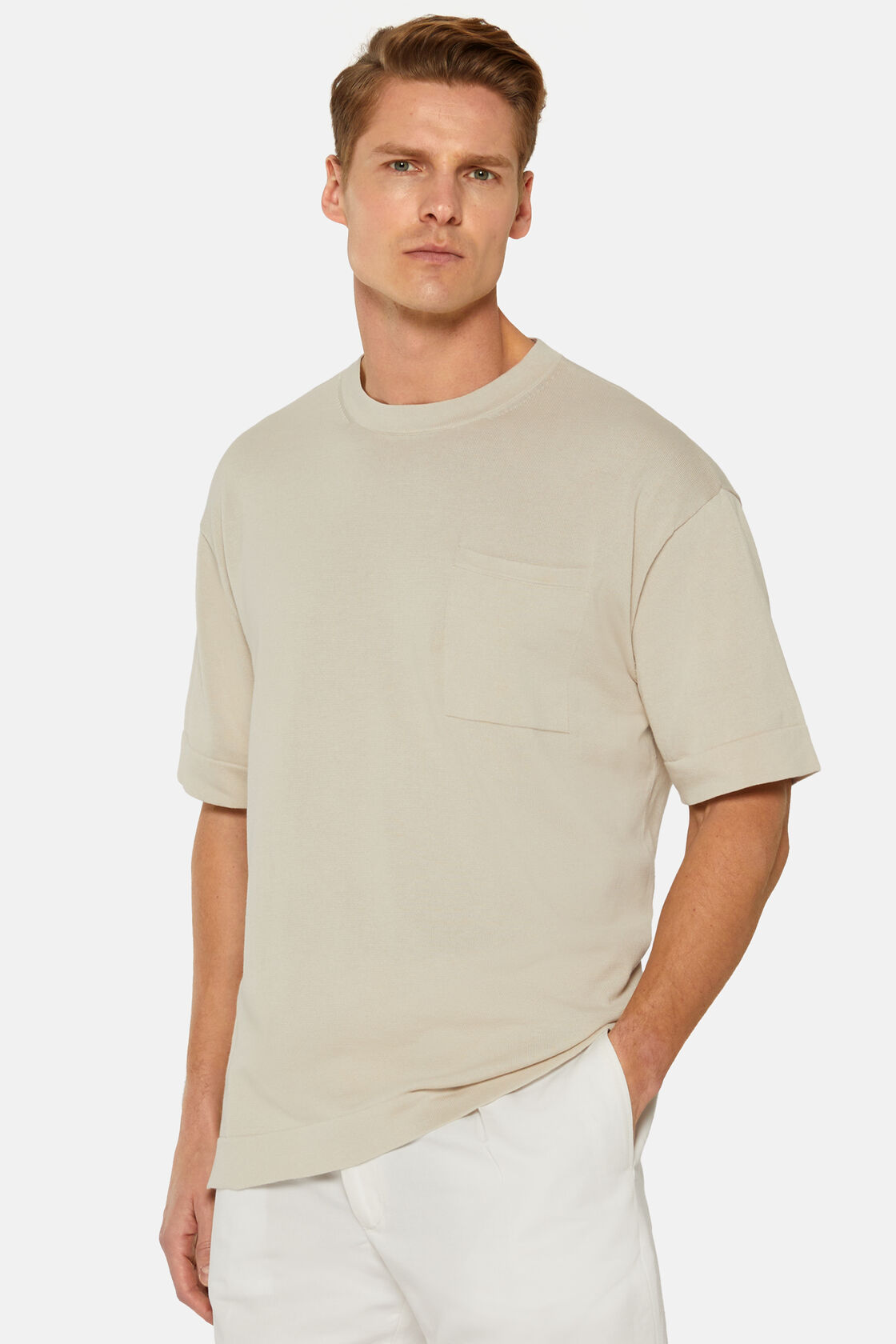 Zandkleurig T-shirt van gebreid pimakatoen, Sand, hi-res