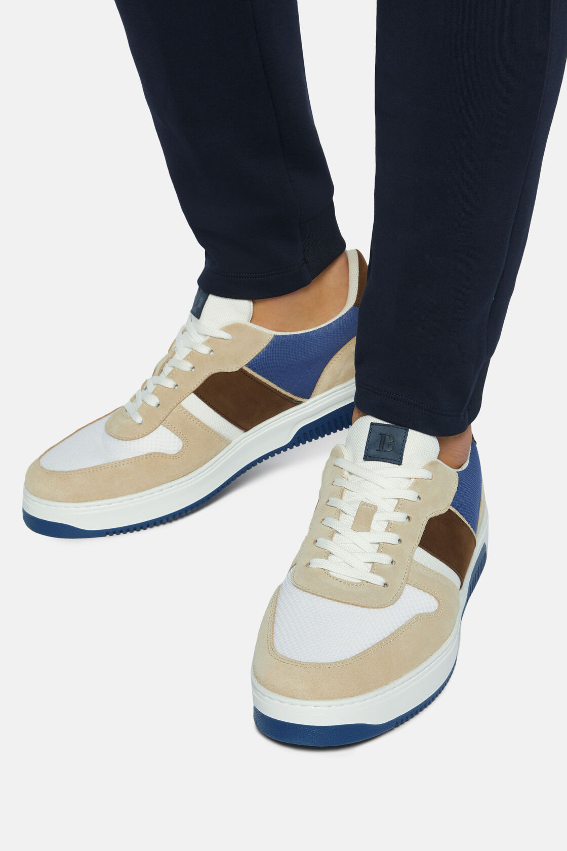Beige Trainers in Leather and Technical Fabric, Light Blu, hi-res
