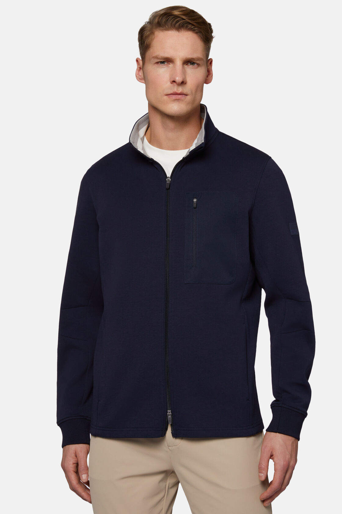 Sweatshirt mit durchgehendem Reißverschluss aus leichtem Scuba, Navy blau, hi-res