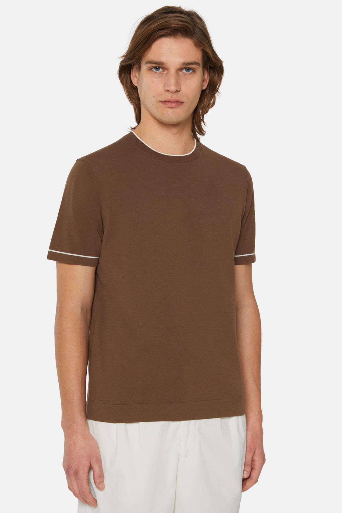 Καφέ πλεκτό μπλουζάκι από βαμβακερό κρεπ, Brown, hi-res
