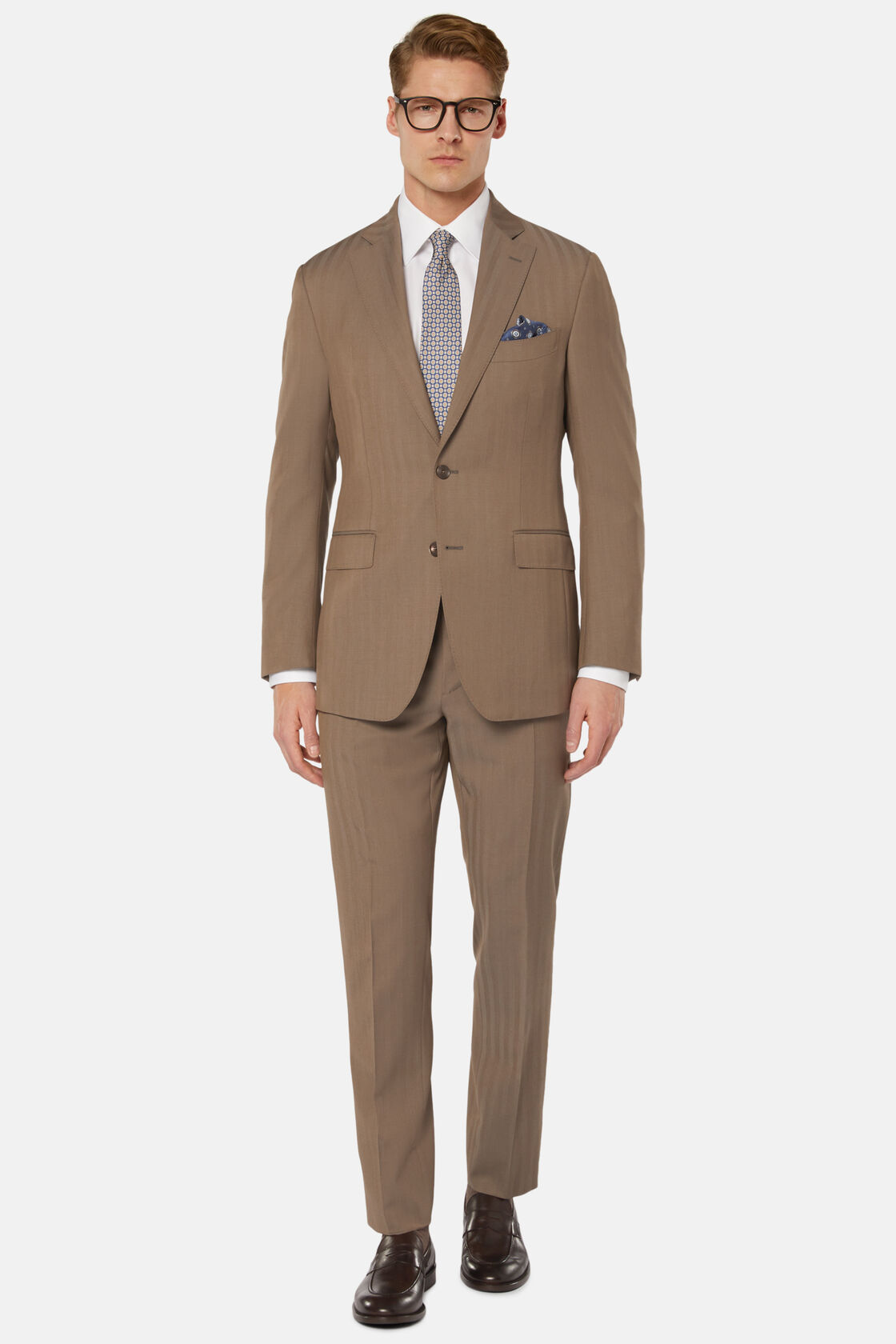 Dove Grey Herringbone Suit In Super 130 Pure Wool, Taupe, hi-res