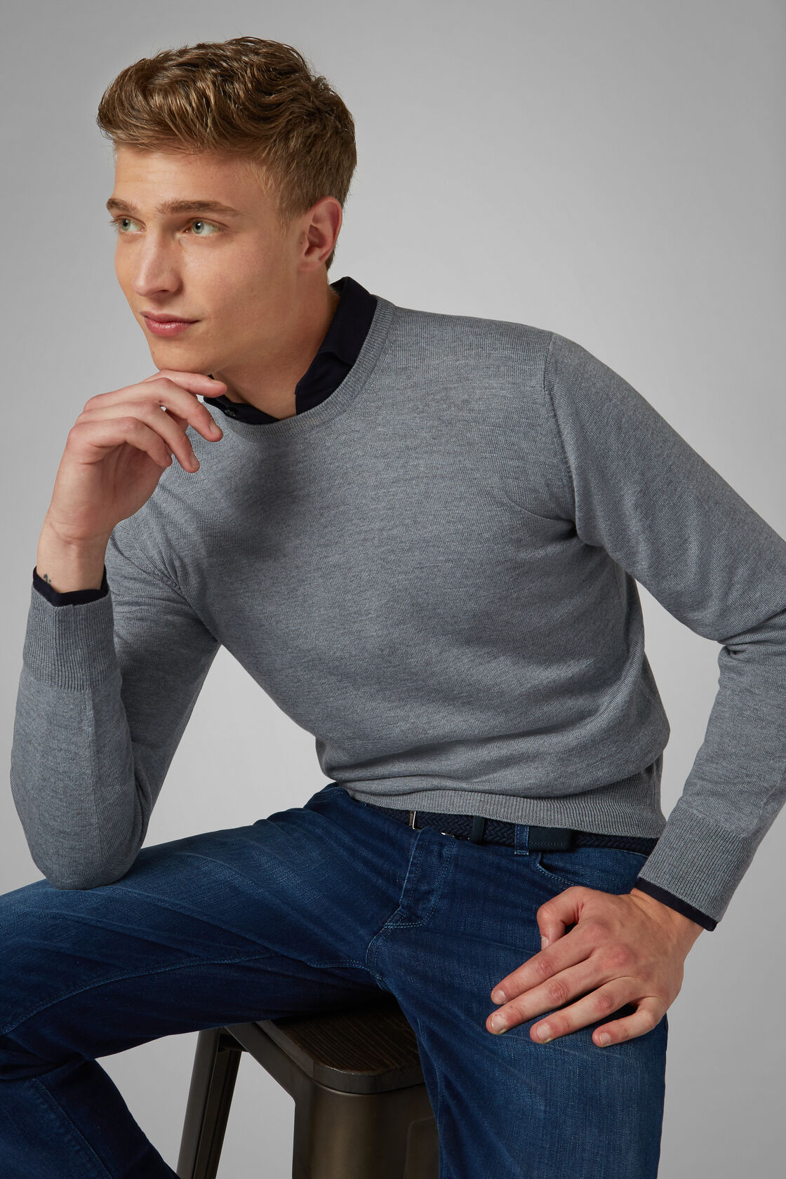 Grey Merino Wool Round-neck Pullover, , hi-res