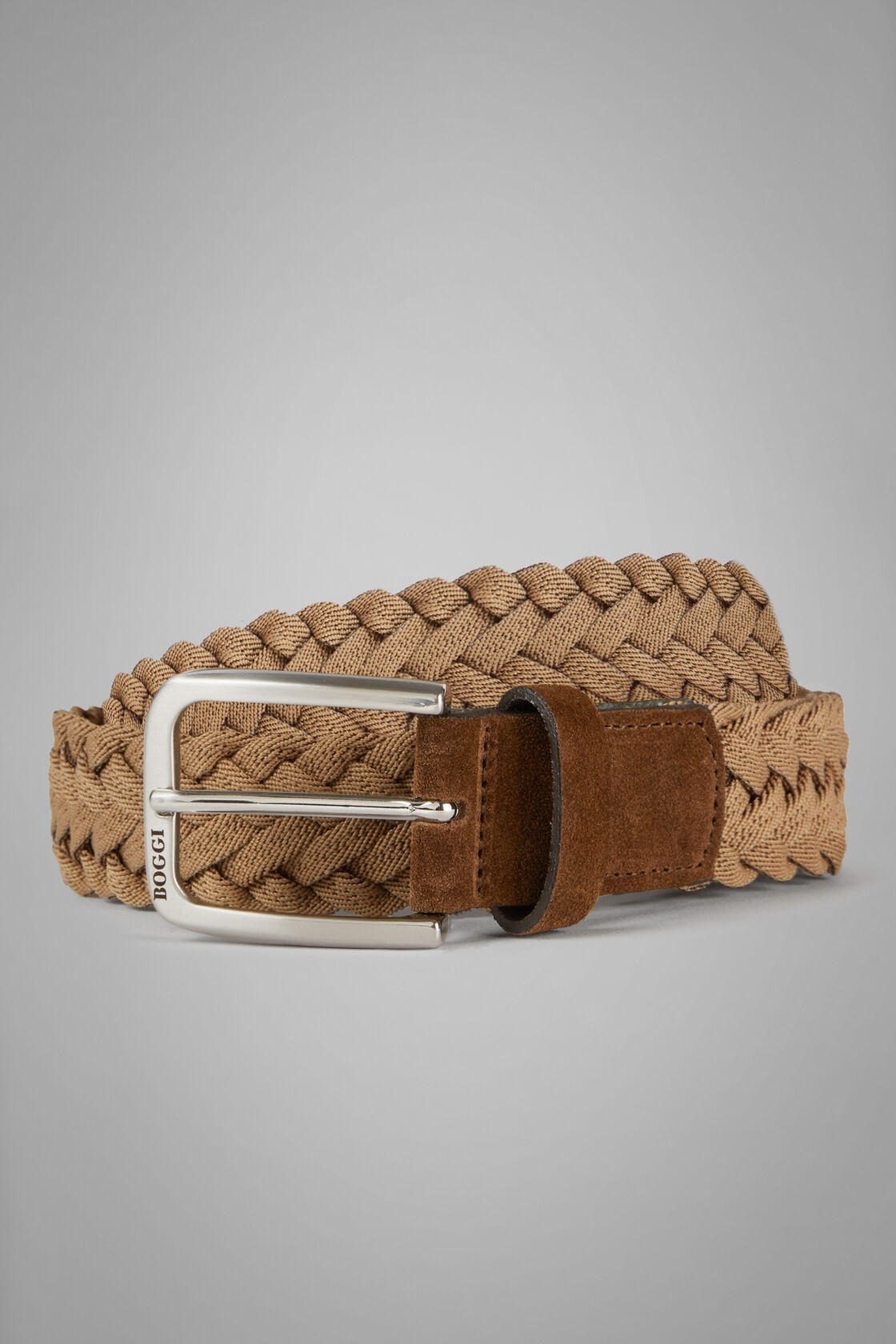 Woven Stretch Leather Belt, Brown, hi-res